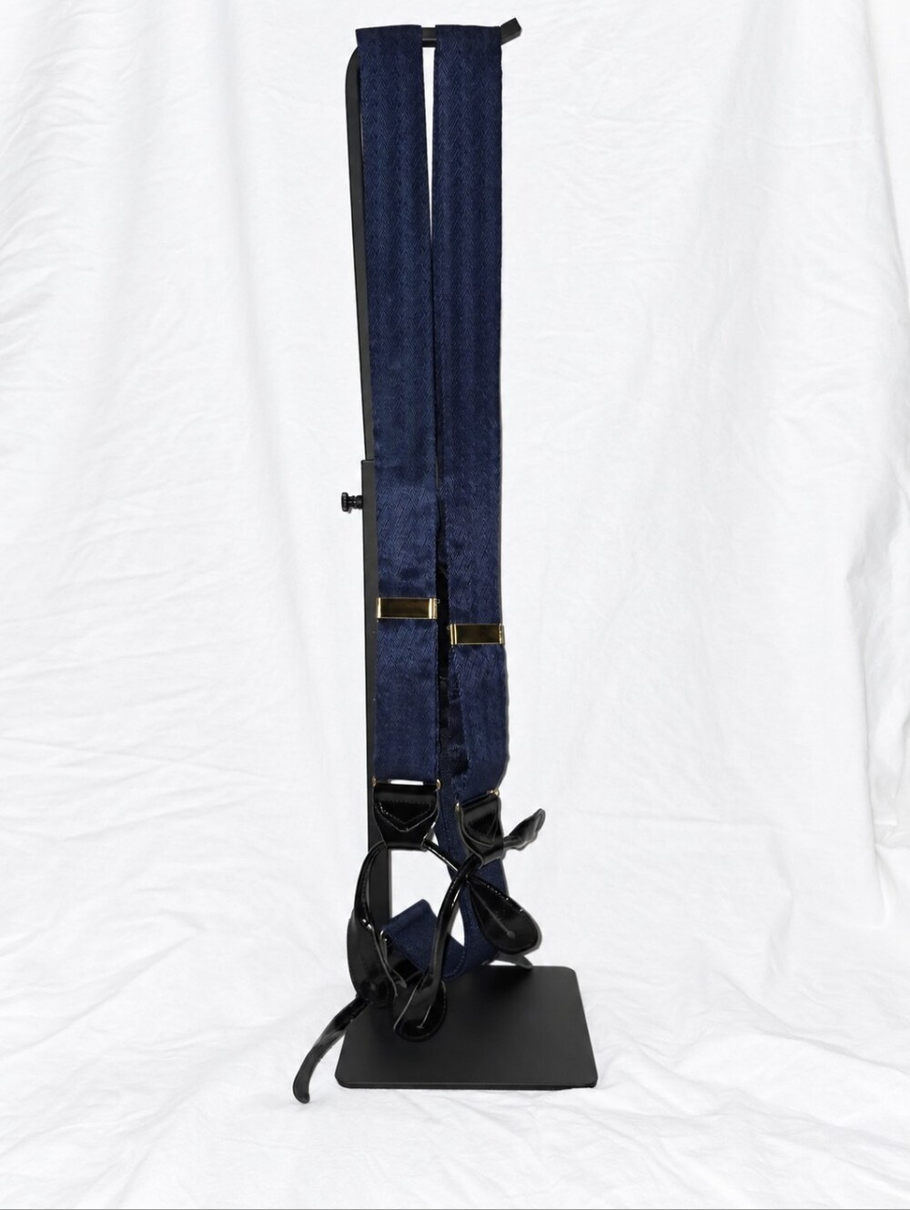 100% Silk Navy Button Suspenders Black Leather Gold Tone Formal